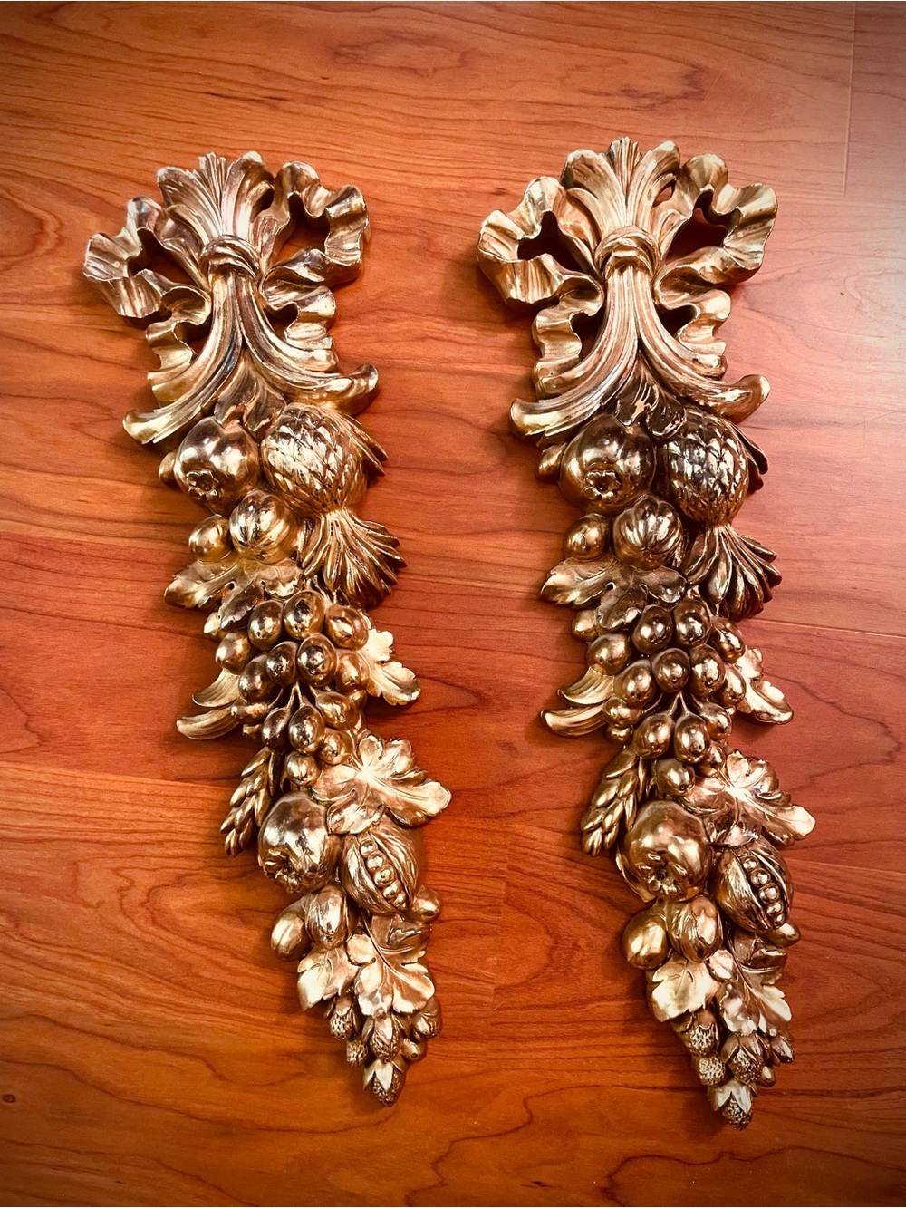 2 Vintage Syroco Gold Fruit Mix Wall Plaque Pair 16.25" Hollywood Regency Decor